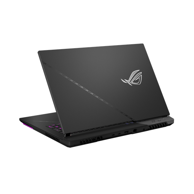 Off Centered Shot of the Rear of the Rog Strix Scar 17 With the Rog Fearless Eye Logo on Lid